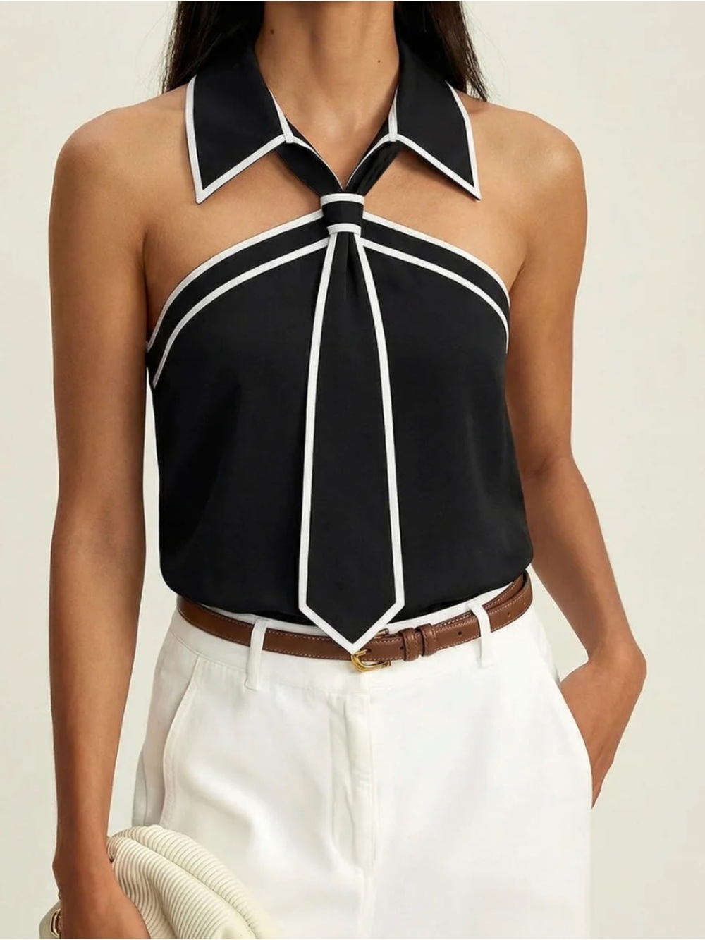 Commense Black Contrast Tie-Front Blouse with White Piping Size L